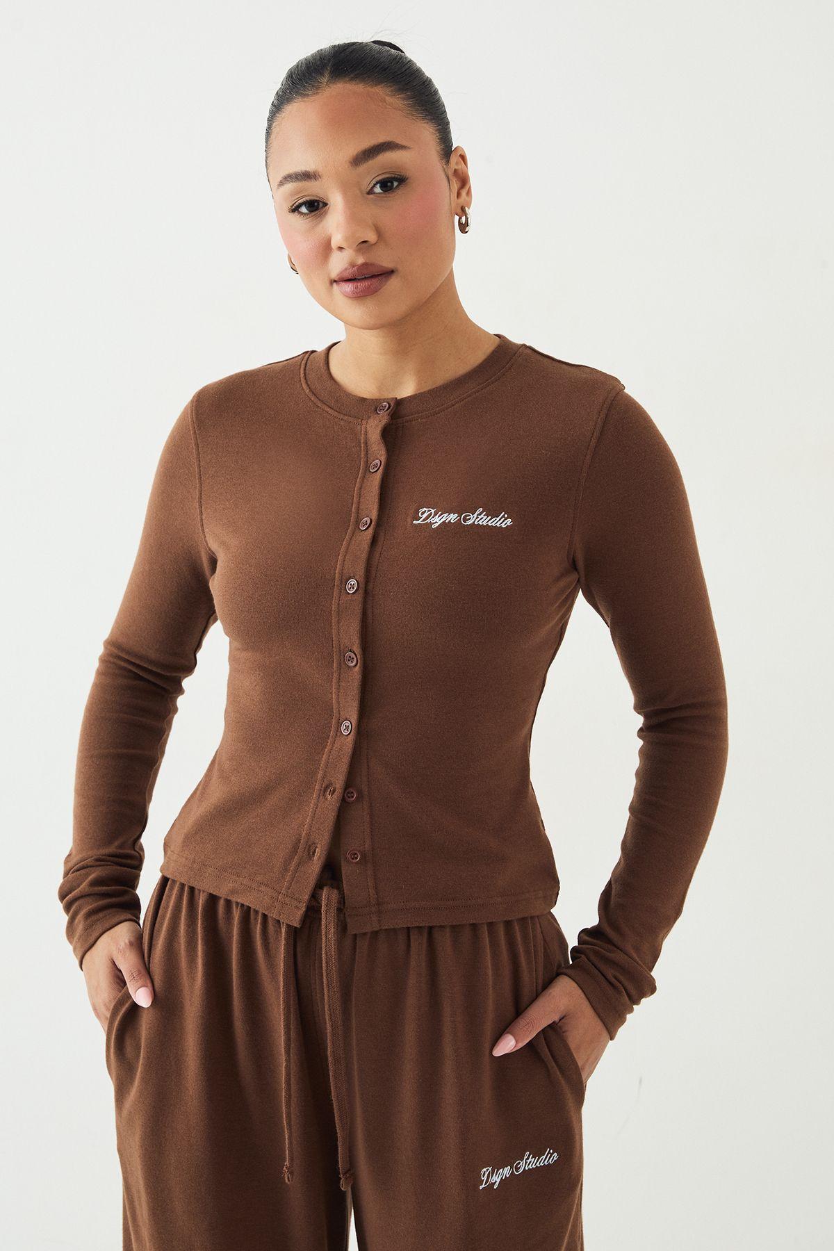 DSGN Studio Ribbed Script Embroidery Button Through Long Sleeve Top by DSGN STUDIO