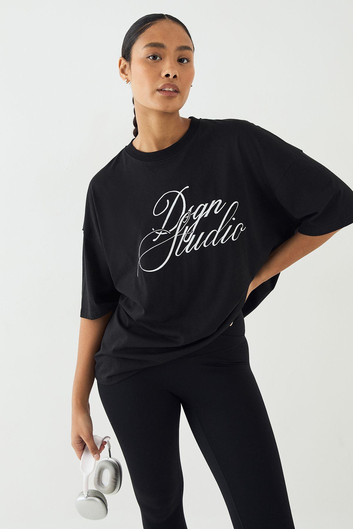 DSGN Studio Script Embroidered Crew Neck Oversized T-Shirt by DSGN STUDIO
