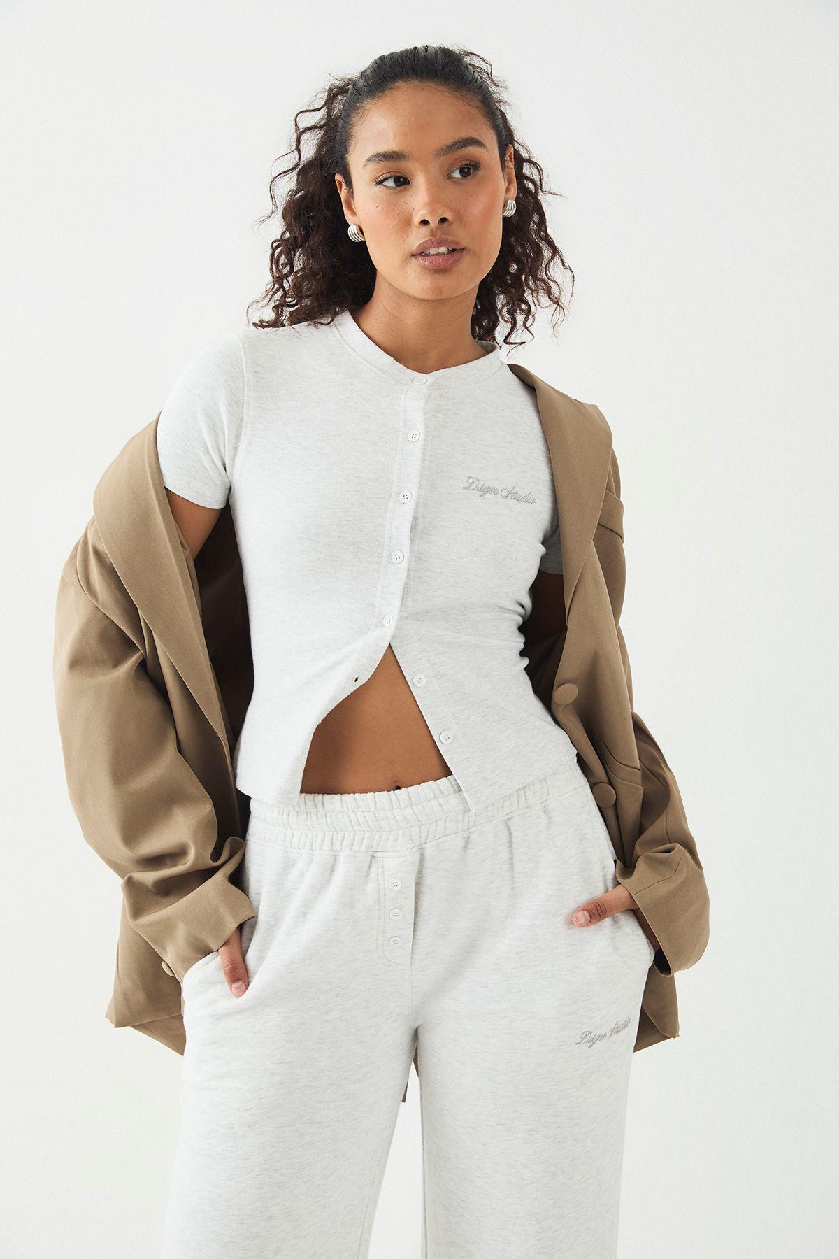 DSGN Studio Script Embroidery Ribbed Button Through Short Sleeve Top by DSGN STUDIO