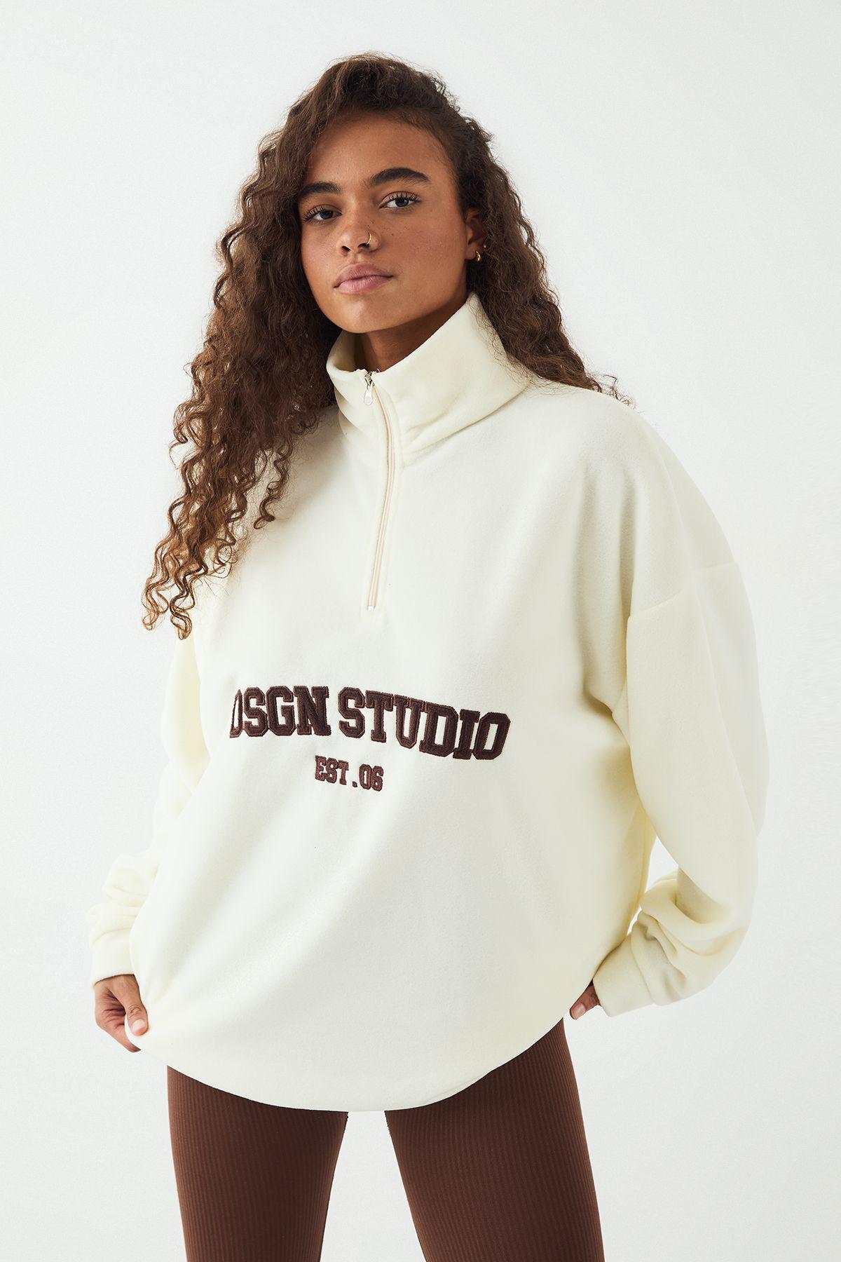 DSGN Studio Slogan Embroidered Half Zip Oversized Polar Fleece Sweatshirt by DSGN STUDIO
