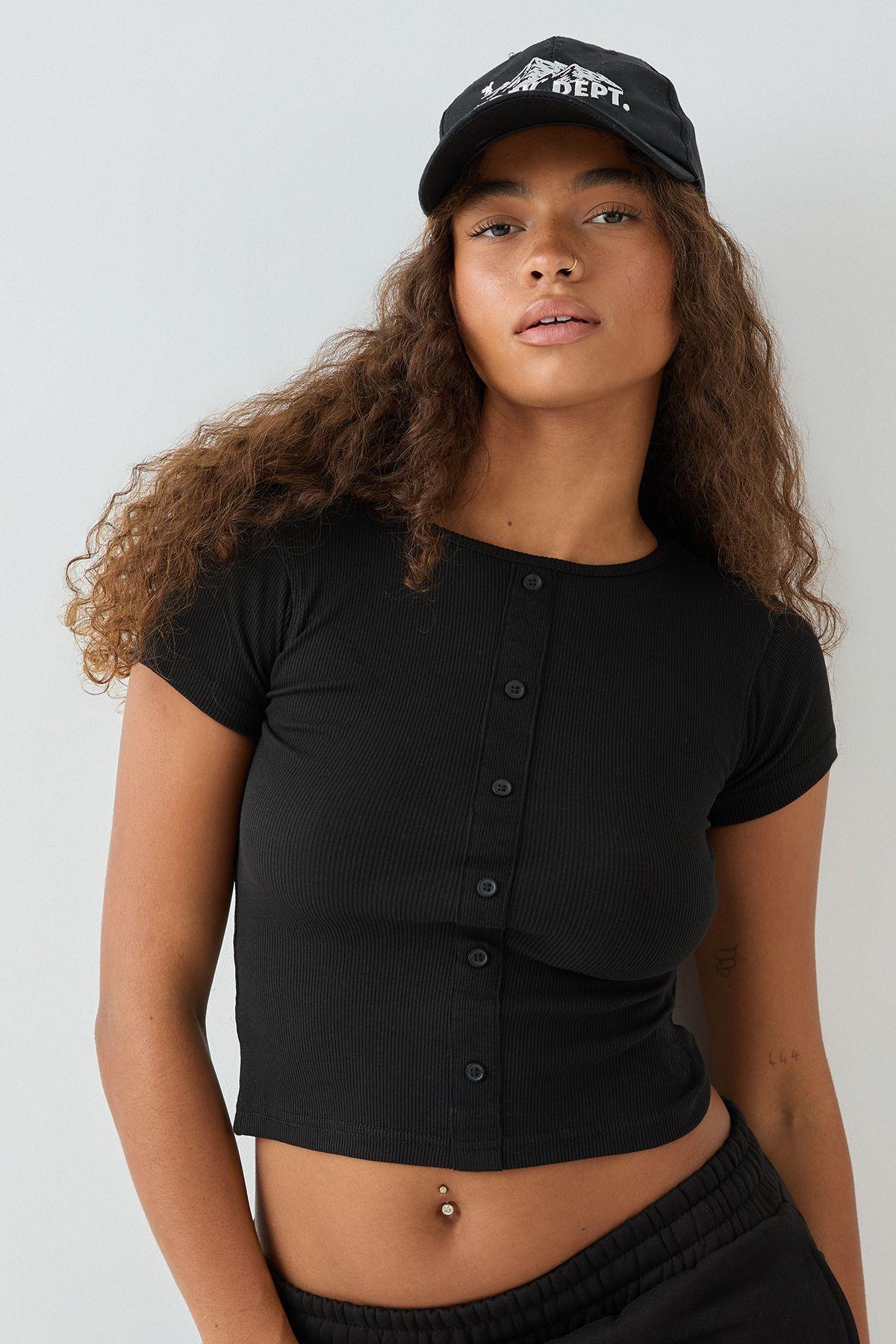 DSGN Studio Square Script Embroidered Rib Fitted Button Through Top by DSGN STUDIO