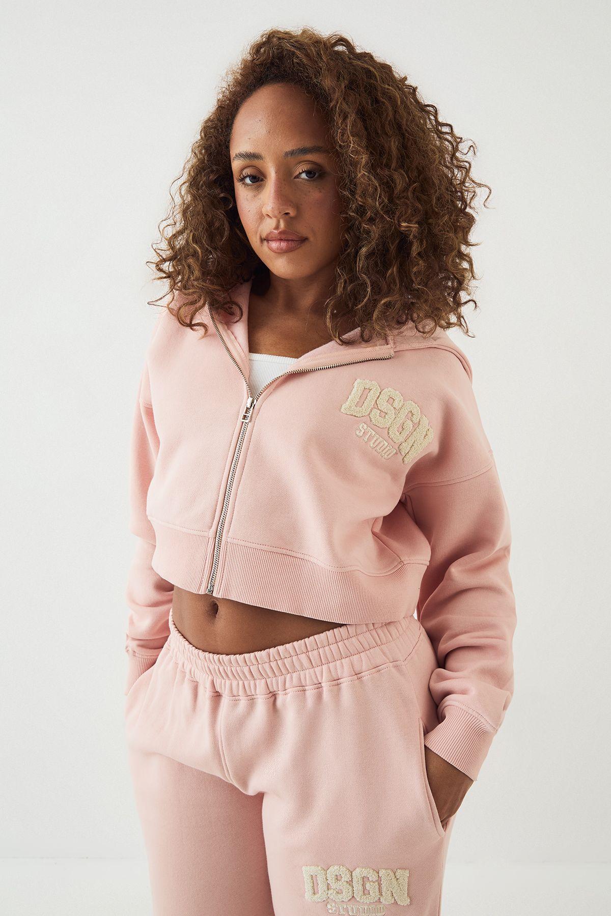 DSGN Studio Towelling Applique Boxy Crop Zip Through Hoodie by DSGN STUDIO