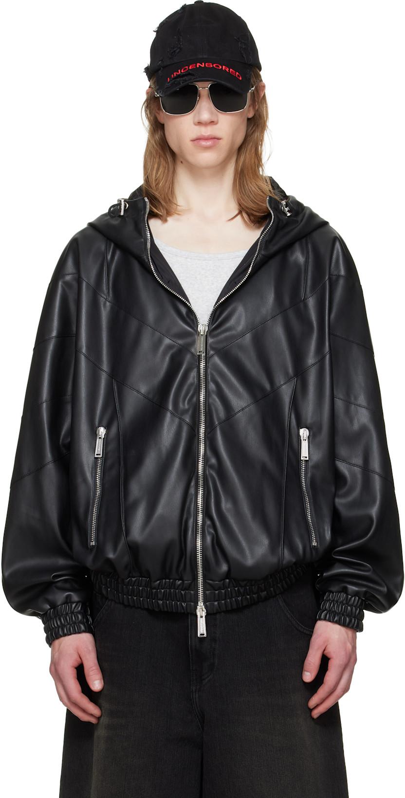 Black Zipped Hoodie Faux-Leather Jacket by DSQUARED2