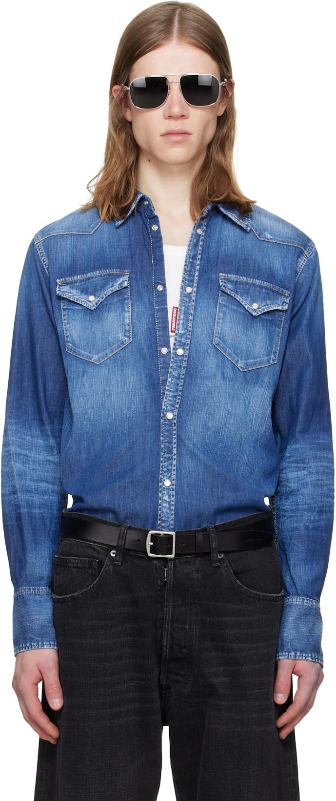 Blue Perfecto Wash Classic Western Denim Shirt by DSQUARED2