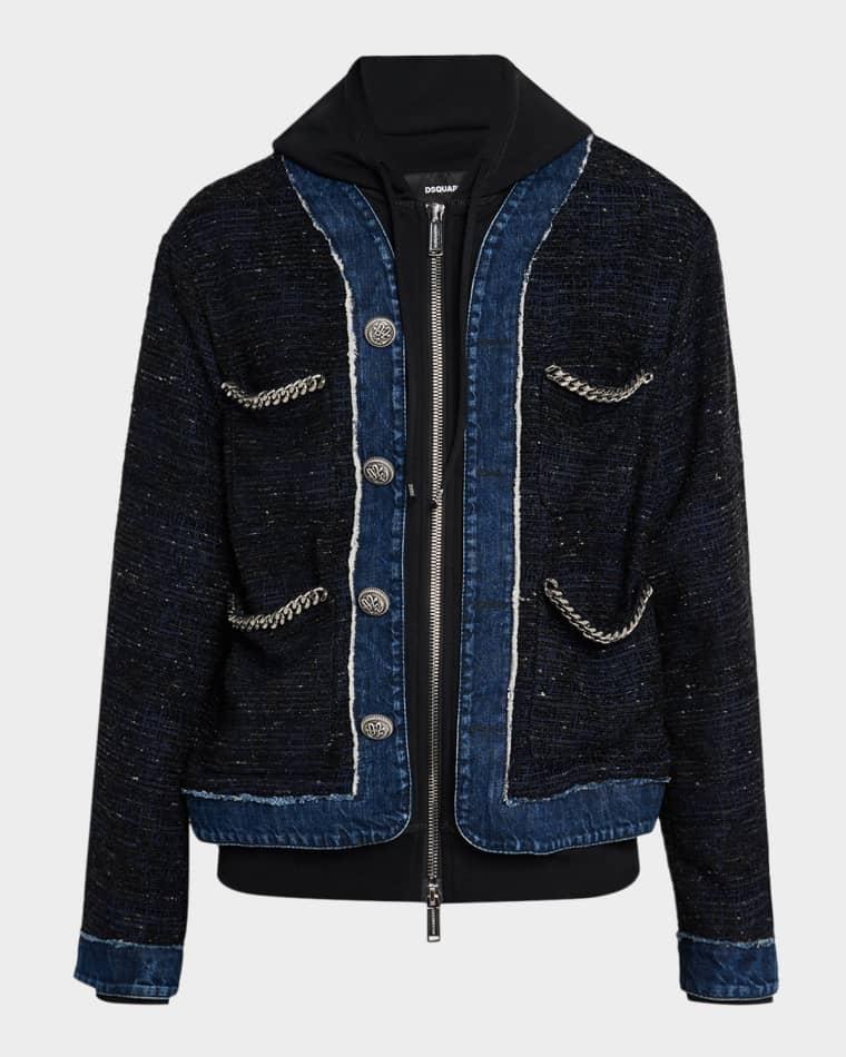 Men's Denim Boucle Chain-Trim Hoodie Jacket by DSQUARED2