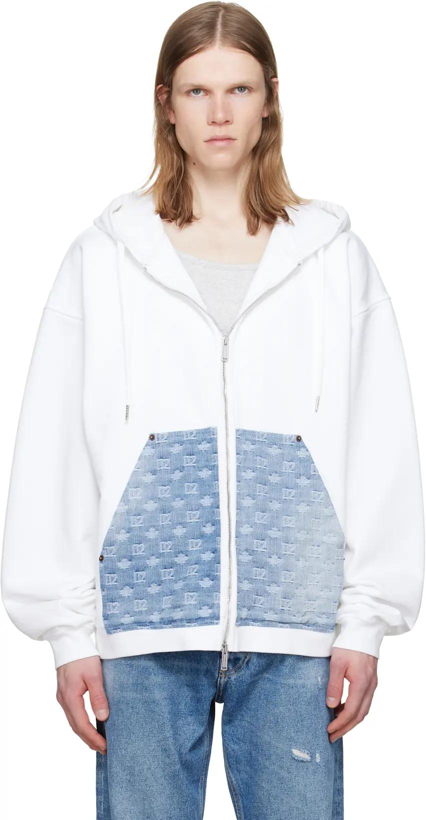 White Denim Mix Relax Zipped Fit Hoodie by DSQUARED2