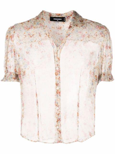 sheer puff-sleeve floral-print shirt by DSQUARED2