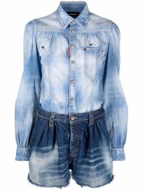 two-tone distressed denim playsuit by DSQUARED2