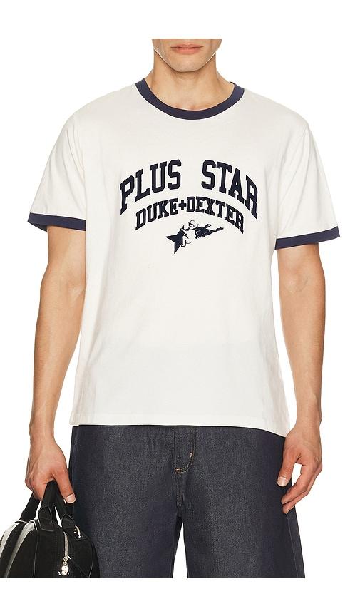 Duke + Dexter Plus Star Flock Printed Ringer Tee in White by DUKE + DEXTER