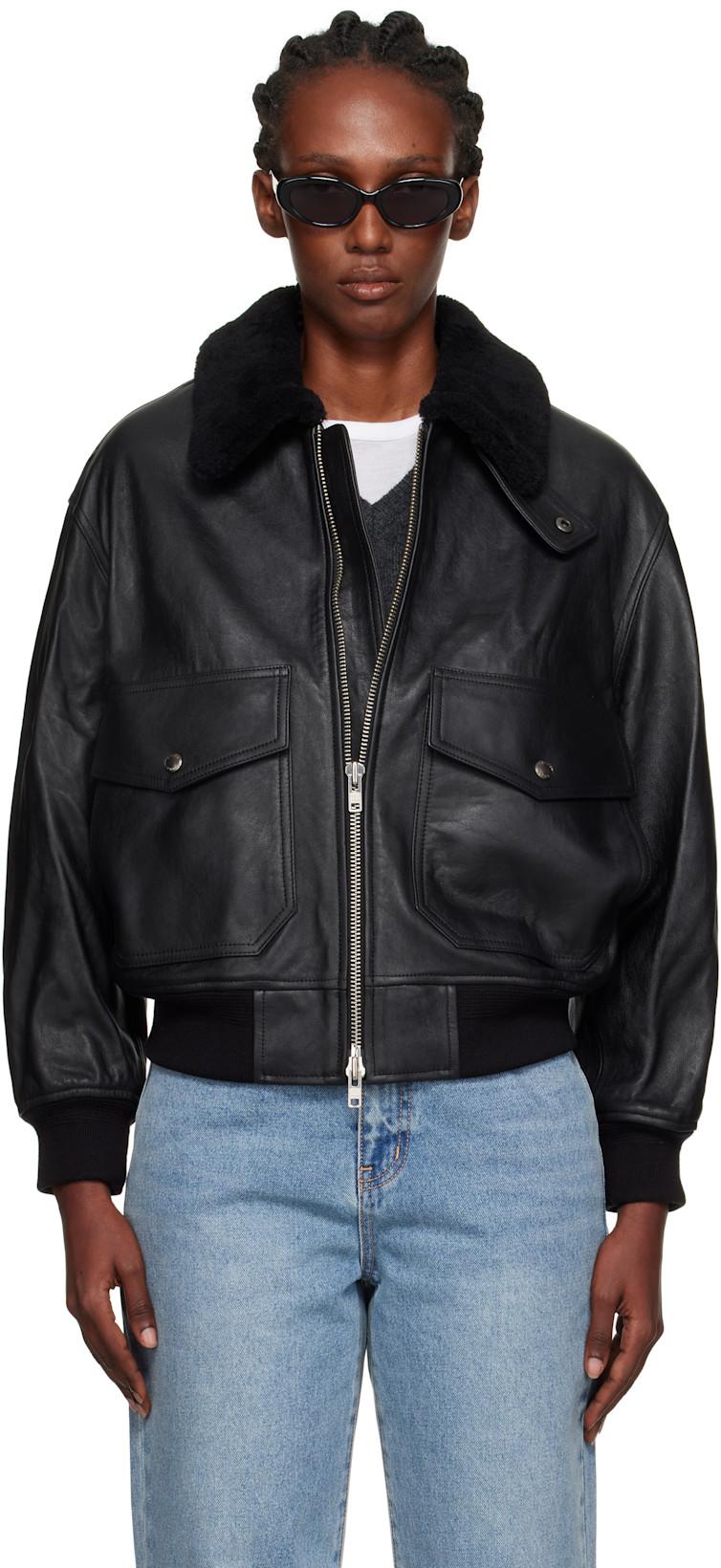 Black A-2 Shearling Collared Leather Jacket by DUNST
