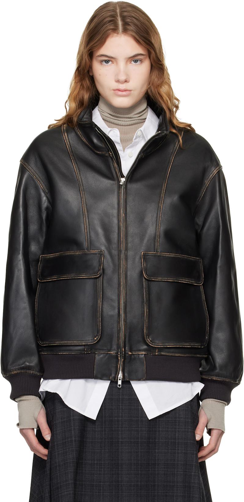 Black Stand Collared Leather Jacket by DUNST