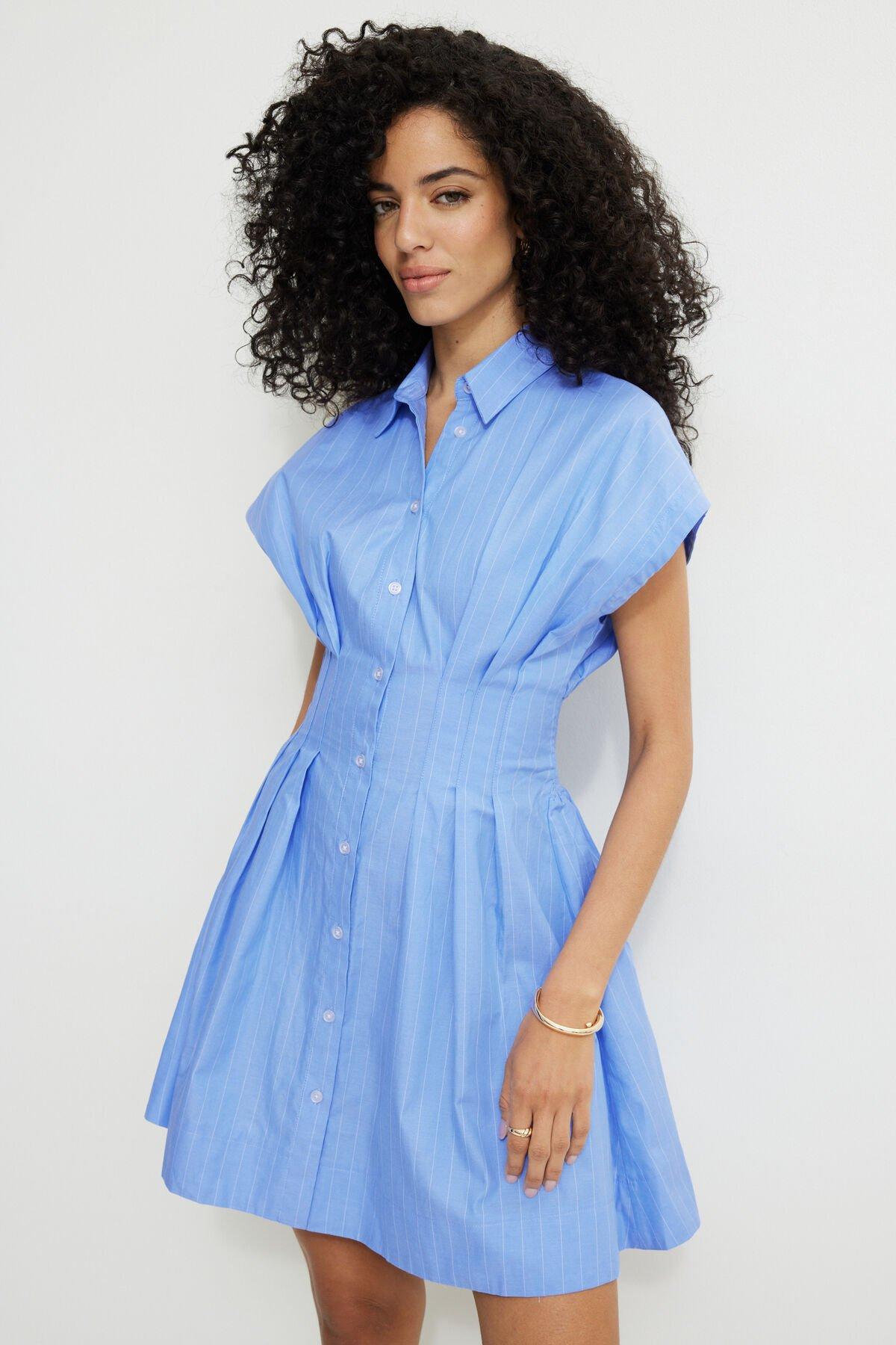 Flared Oxford Mini Shirt Dress by DYNAMITE