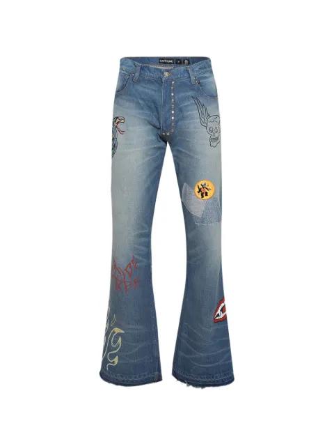 graphic-patch button-fastening jeans by EARTHLING VIP
