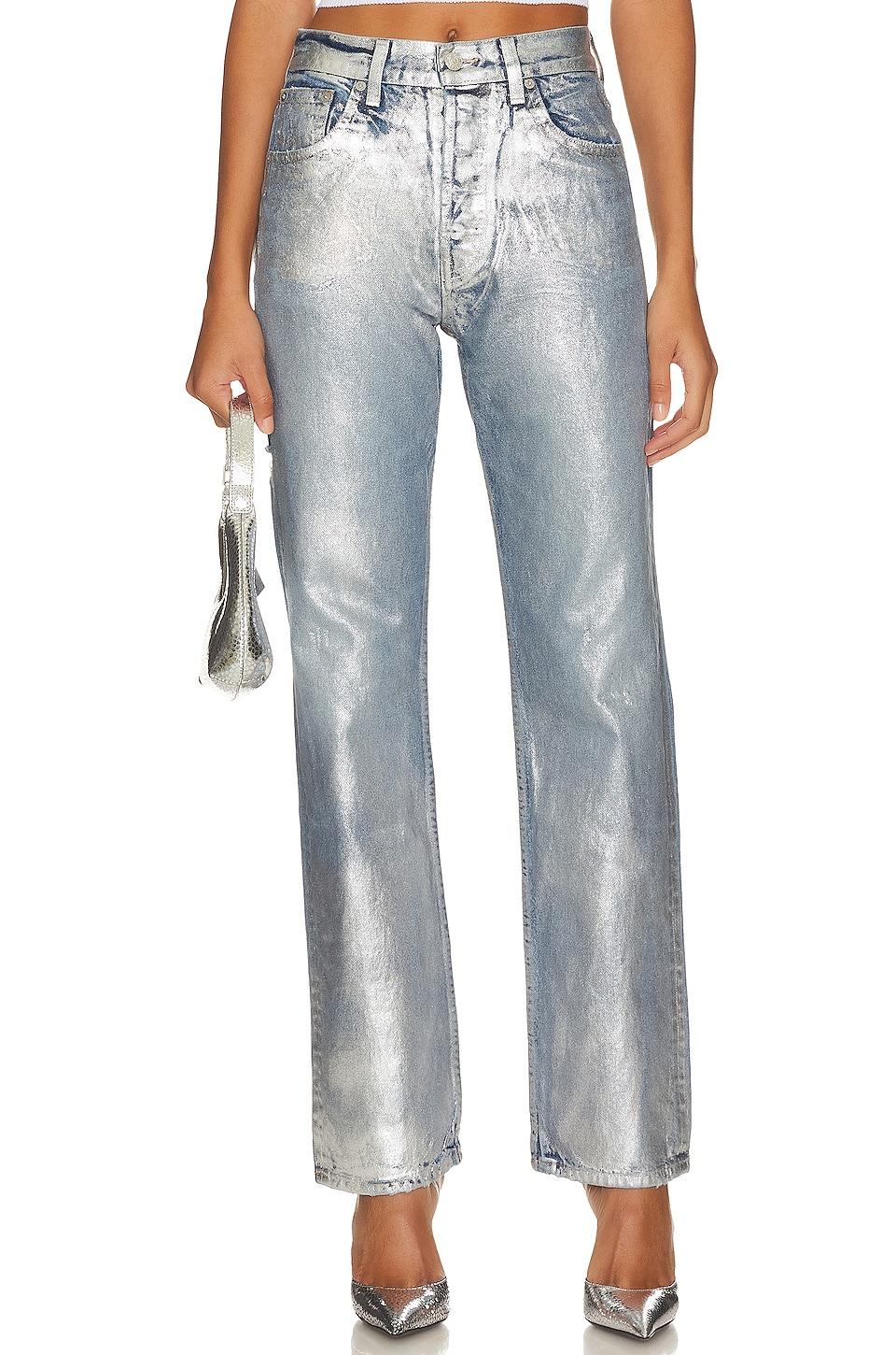 EB Denim High Rise Straight Jeans in Metallic Silver by EB DENIM