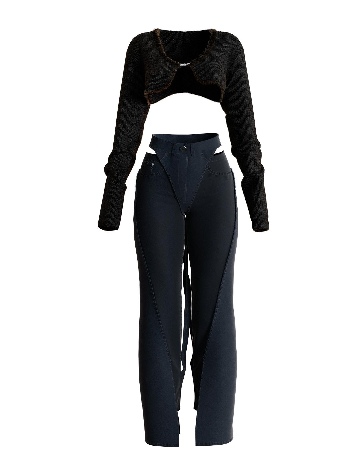 Double Belt Assymetric Jeans with Long Sleeve Crop Top by ECOOLSKA