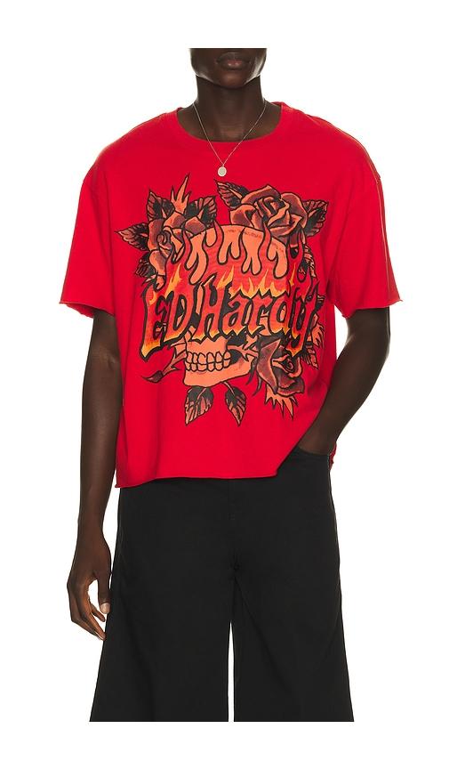 Ed Hardy Skull Roses Boxy Cropped Tee in Red by ED HARDY