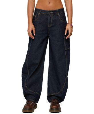 Aden Contrast Stitch Barrel Dark Rinse Wash Jeans by EDIKTED