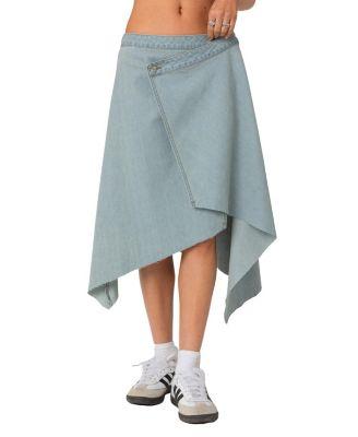 Asymmetric Wrapped Denim Midi Skirt by EDIKTED