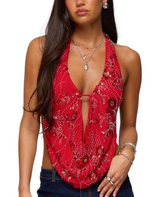 Beaded Chiffon Backless Cowl Neck Top by EDIKTED