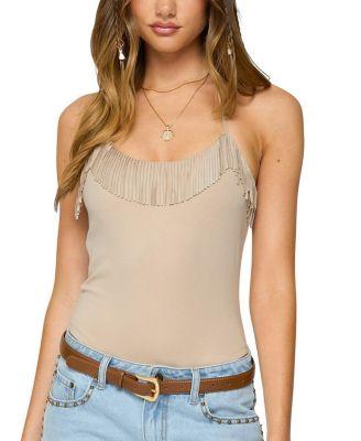 Colbie Faux Suede Fringe Trim Bodysuit by EDIKTED Colbie Faux Suede Fringe Trim Bodysuit by EDIKTED