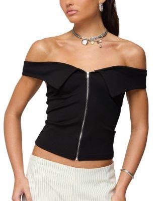 Collared Off Shoulder Zip Up Top by EDIKTED