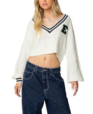 Collegiate Cropped Cable Knit Sweater by EDIKTED Collegiate Cropped Cable Knit Sweater by EDIKTED