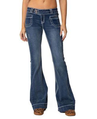 Contrast Stitch Low Rise Flared Jeans in Blue Wash by EDIKTED