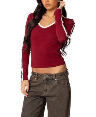 Contrast V Neck Long Sleeve T-Shirt by EDIKTED