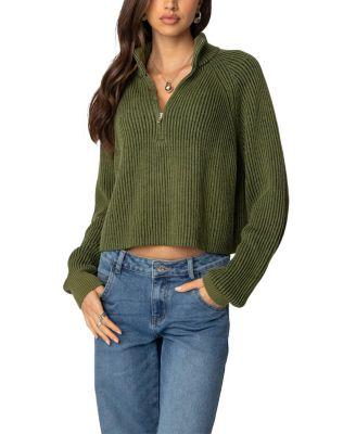 Cropped Rib Knit Half Zip Sweater by EDIKTED