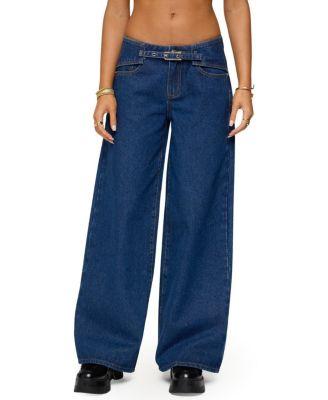 Edie Belt Detail Low Rise Jeans in Dark Rinse Wash by EDIKTED