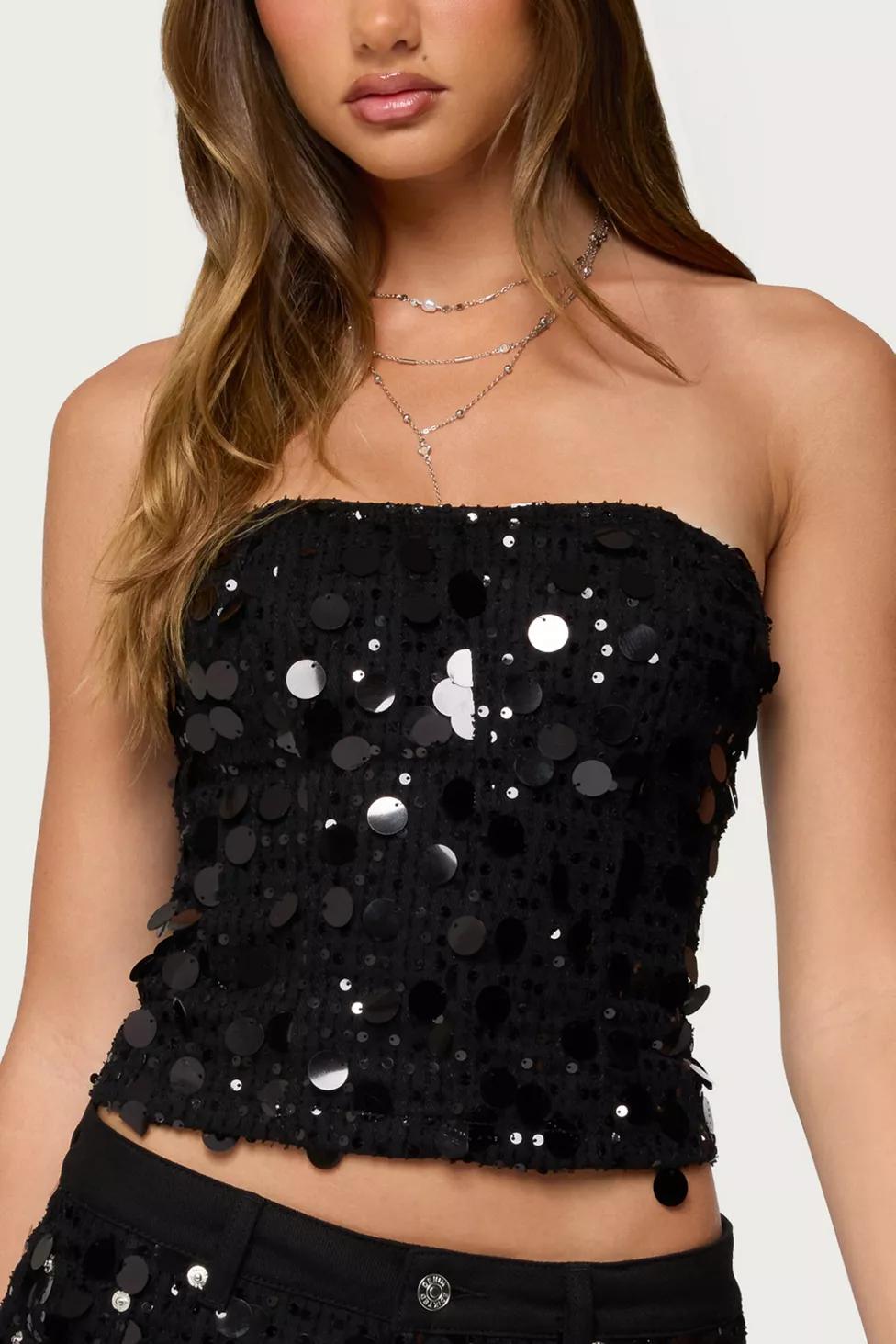 Edikted Alenna Sequin Denim Strapless Corset by EDIKTED