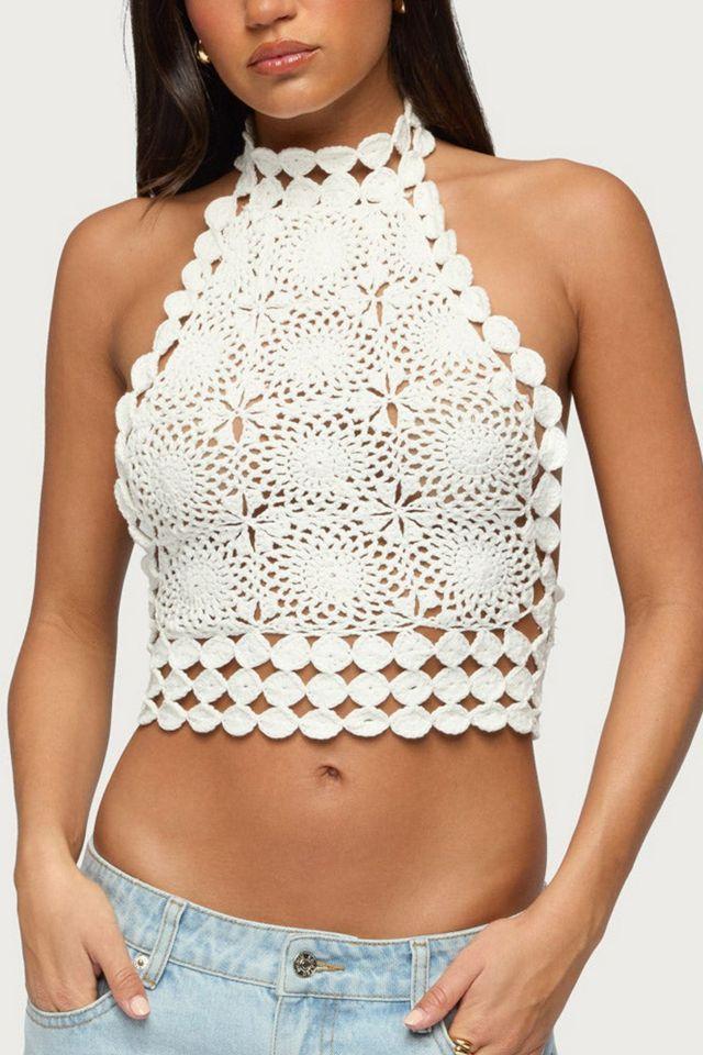 Edikted Backless Crochet High Neck Halter Top by EDIKTED