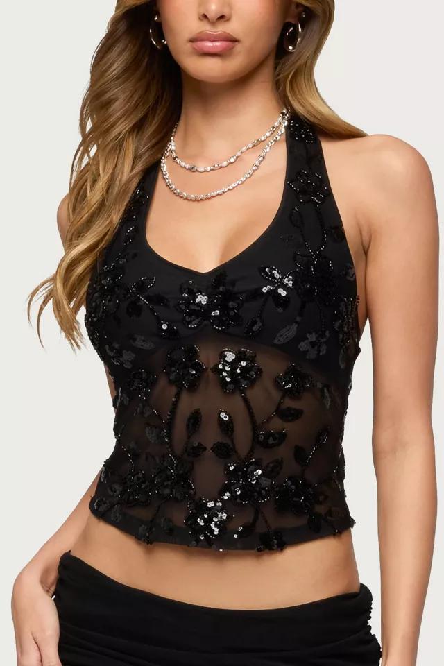 Edikted Bead & Sequin Sheer Mesh Halter Top by EDIKTED