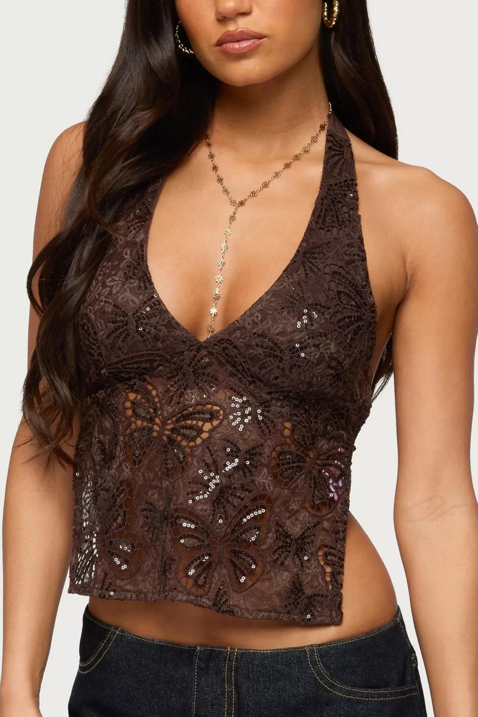 Edikted Butterfly Sequin Backless Halter Top by EDIKTED