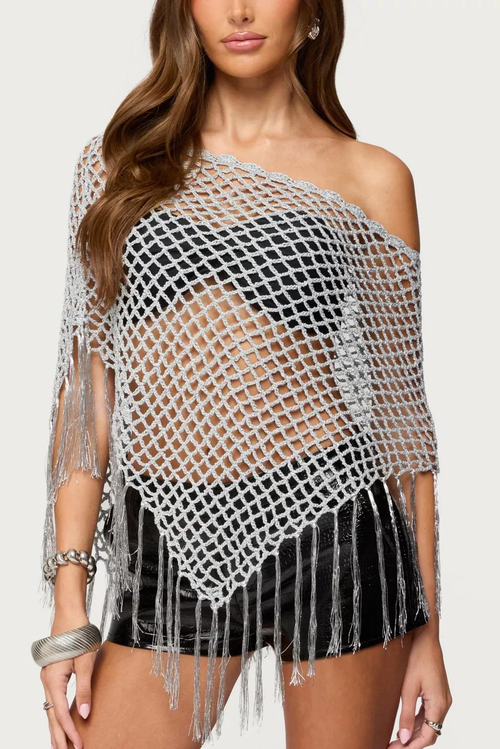 Edikted Evette Fringe Open Knit Metallic Poncho by EDIKTED