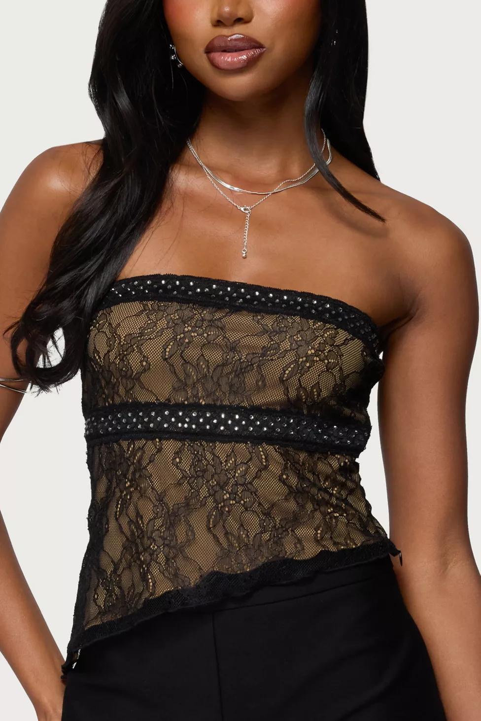Edikted Fia Rhinestone Strapless Lace Top by EDIKTED