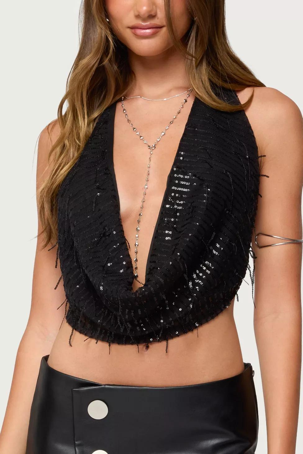 Edikted Fringed Sequin Backless Halter Top by EDIKTED