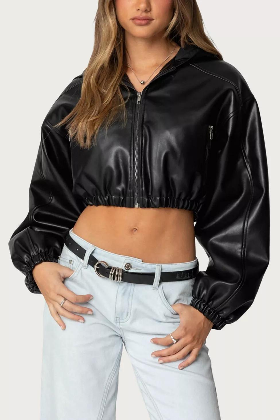 Edikted Hooded Faux Leather Cropped Jacket by EDIKTED