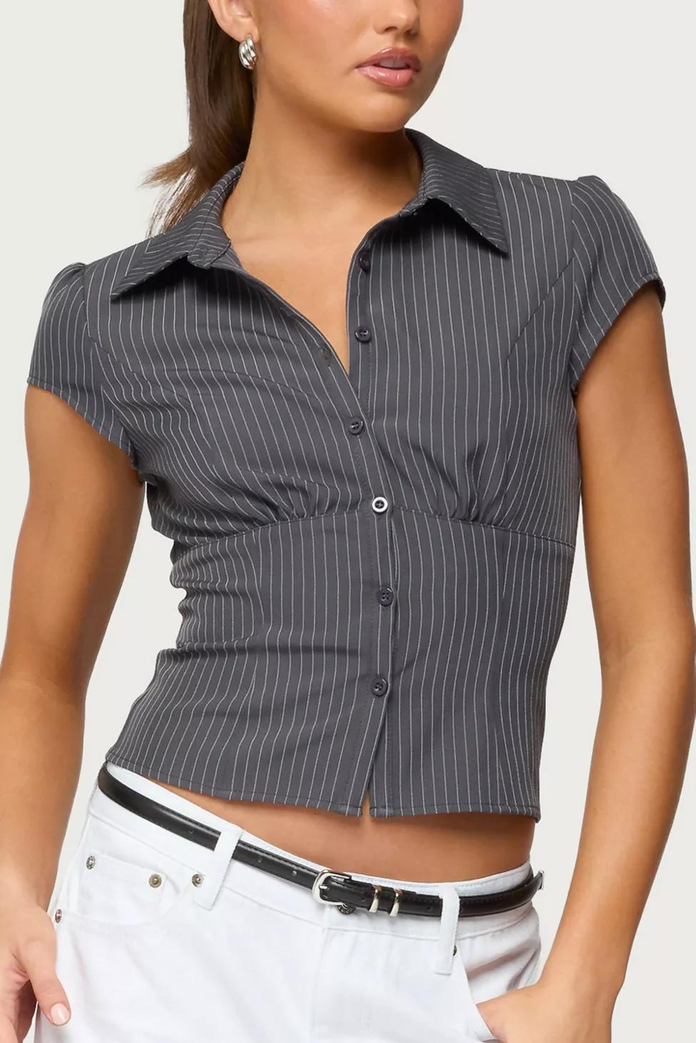 Edikted Juney Pinstripe Tailored Button Up Shirt by EDIKTED