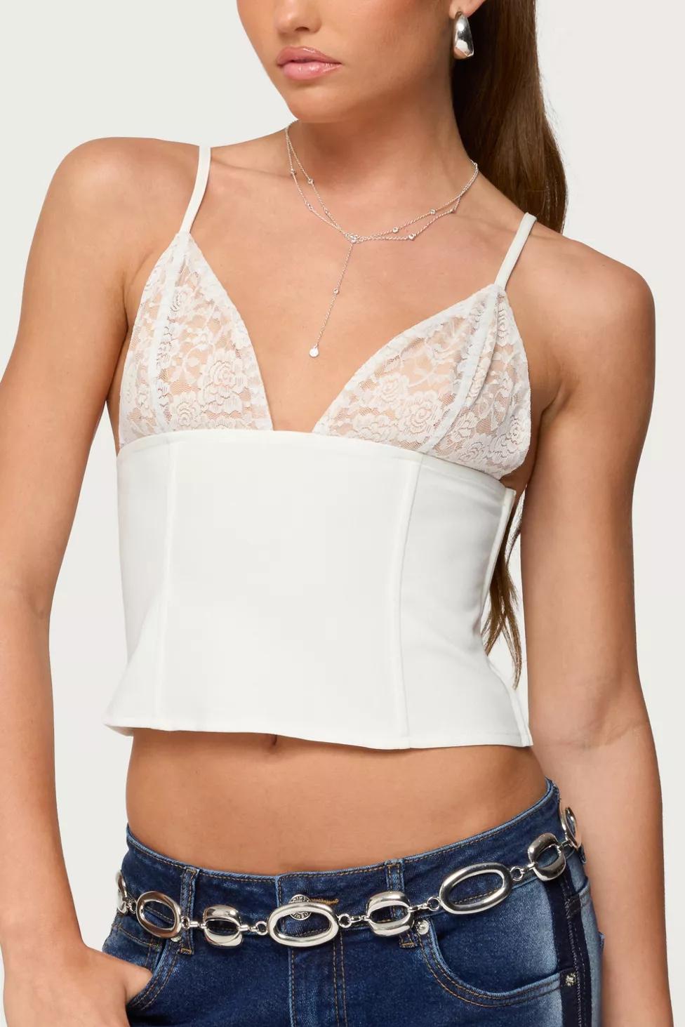 Edikted Keesha Lacey Boned V Neck Top by EDIKTED