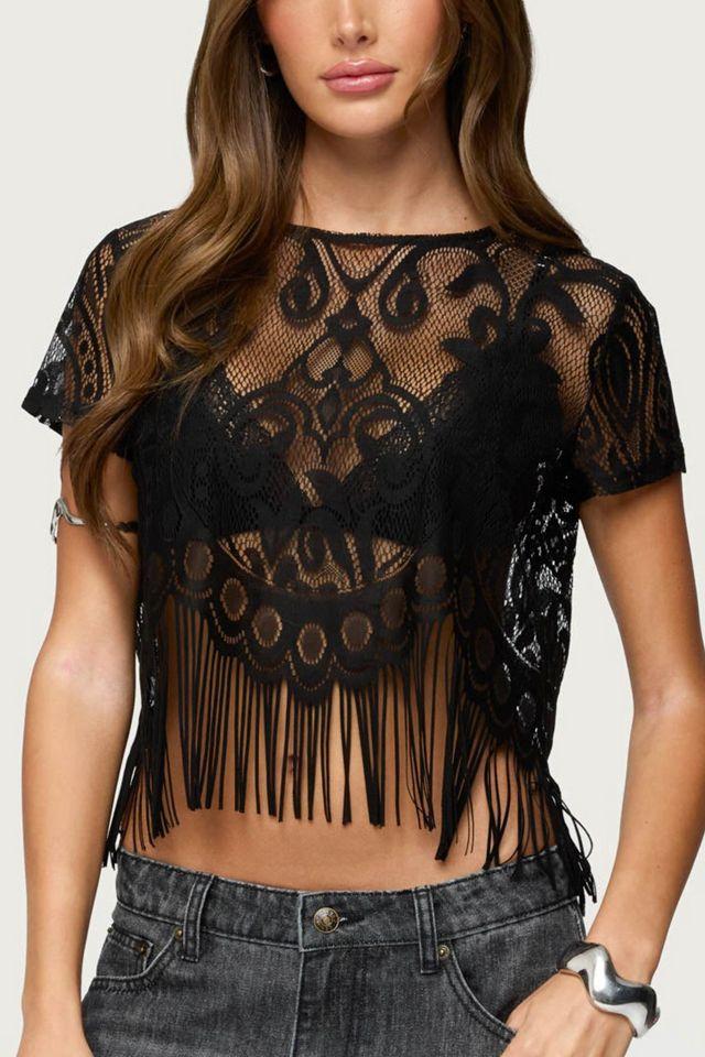 Edikted Kira Sheer Lace Fringe Top by EDIKTED