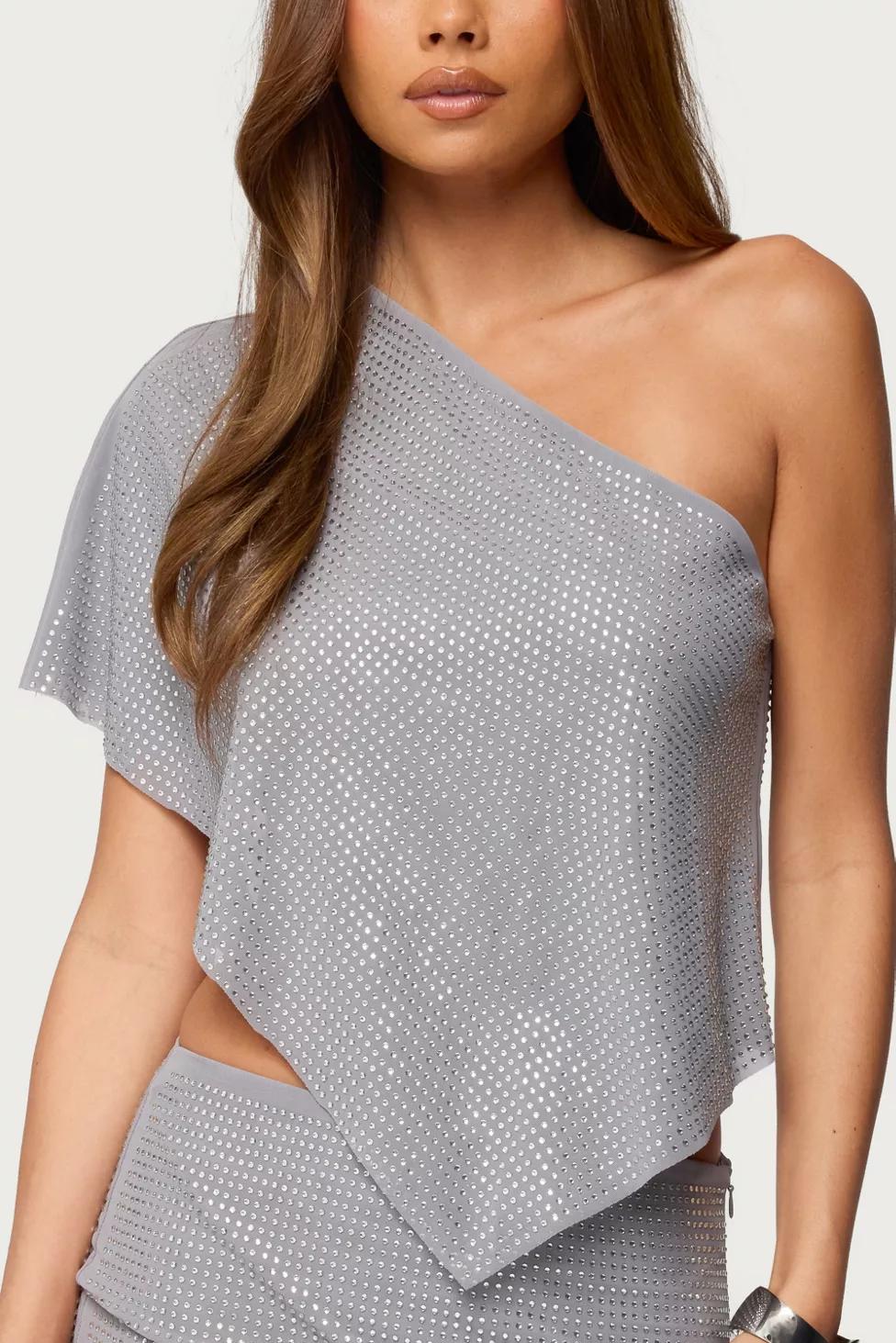 Edikted Leanne Rhinestone One Shoulder Poncho Top by EDIKTED