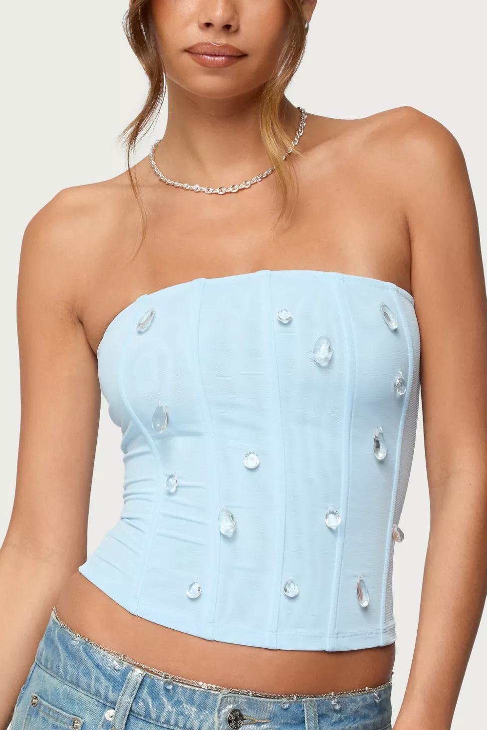 Edikted Lexah Faux Crystal Strapless Mesh Corset by EDIKTED Edikted Lexah Faux Crystal Strapless Mesh Corset by EDIKTED