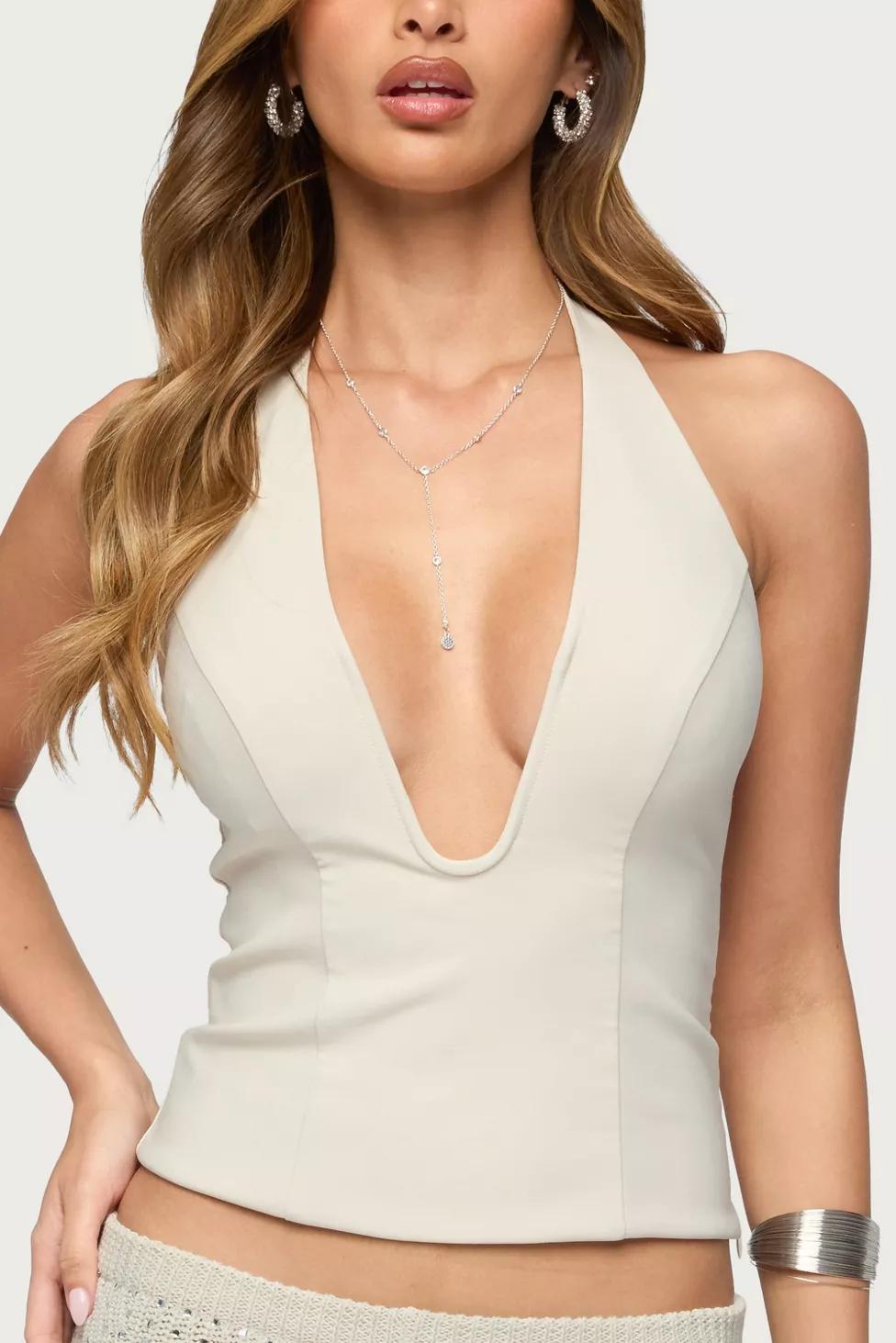 Edikted Loxley Stretchy Woven Plunge Halter Top by EDIKTED Edikted Loxley Stretchy Woven Plunge Halter Top by EDIKTED