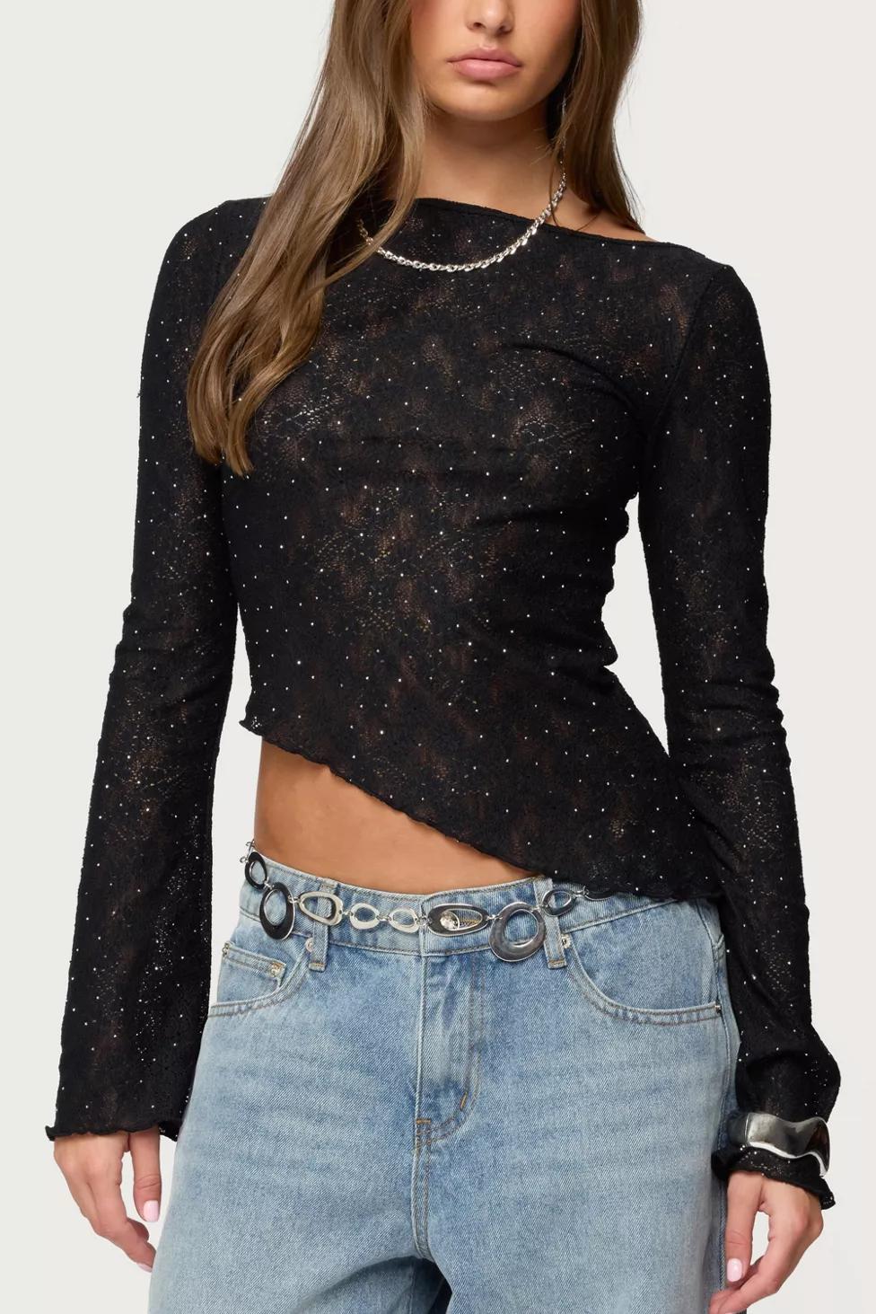 Edikted Mare Asymmetric Gem Sheer Lace Top by EDIKTED