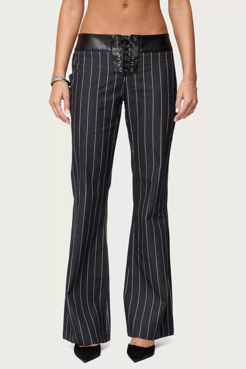 Edikted Pinstripe & Faux Leather Low Rise Flared Jeans by EDIKTED