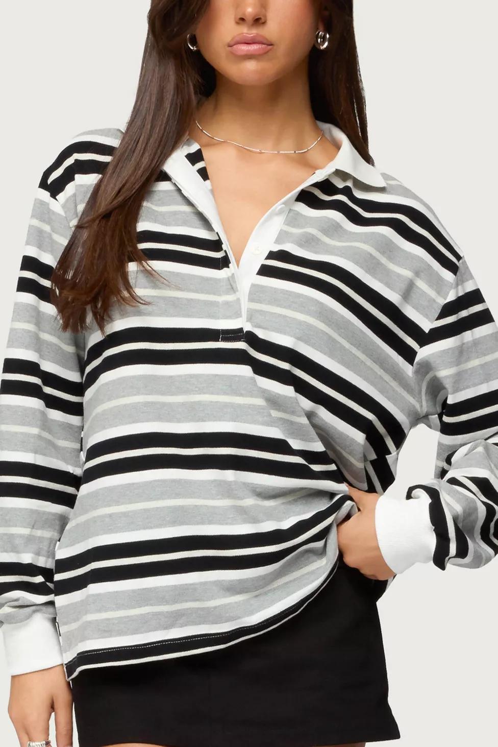 Edikted Renya Striped Long Sleeve Polo Top by EDIKTED