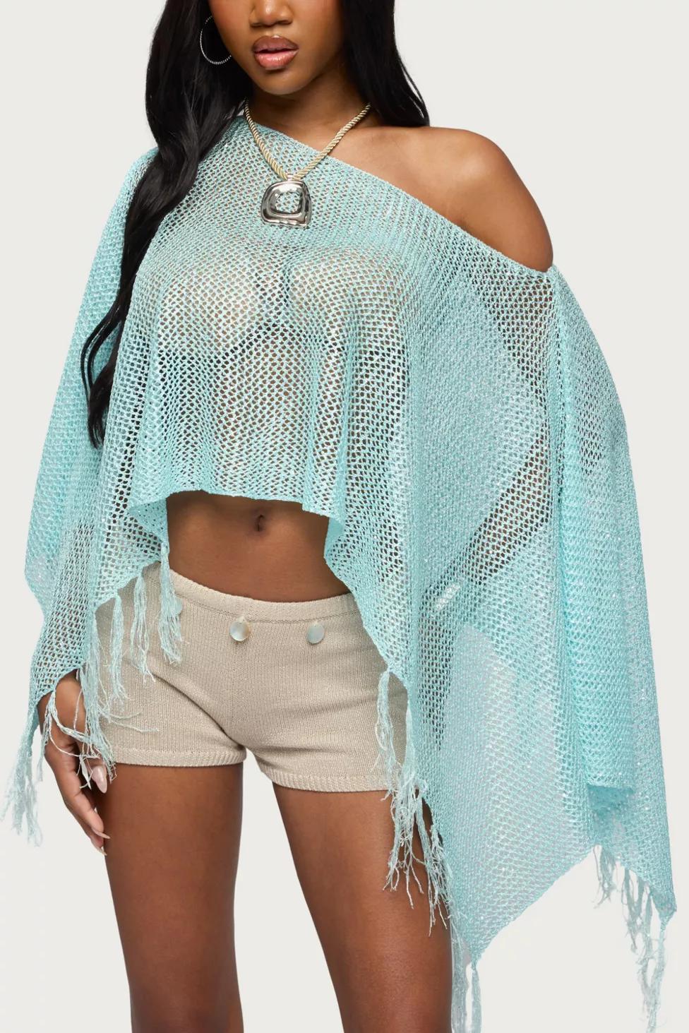 Edikted Sequin Fringe Knit Poncho by EDIKTED