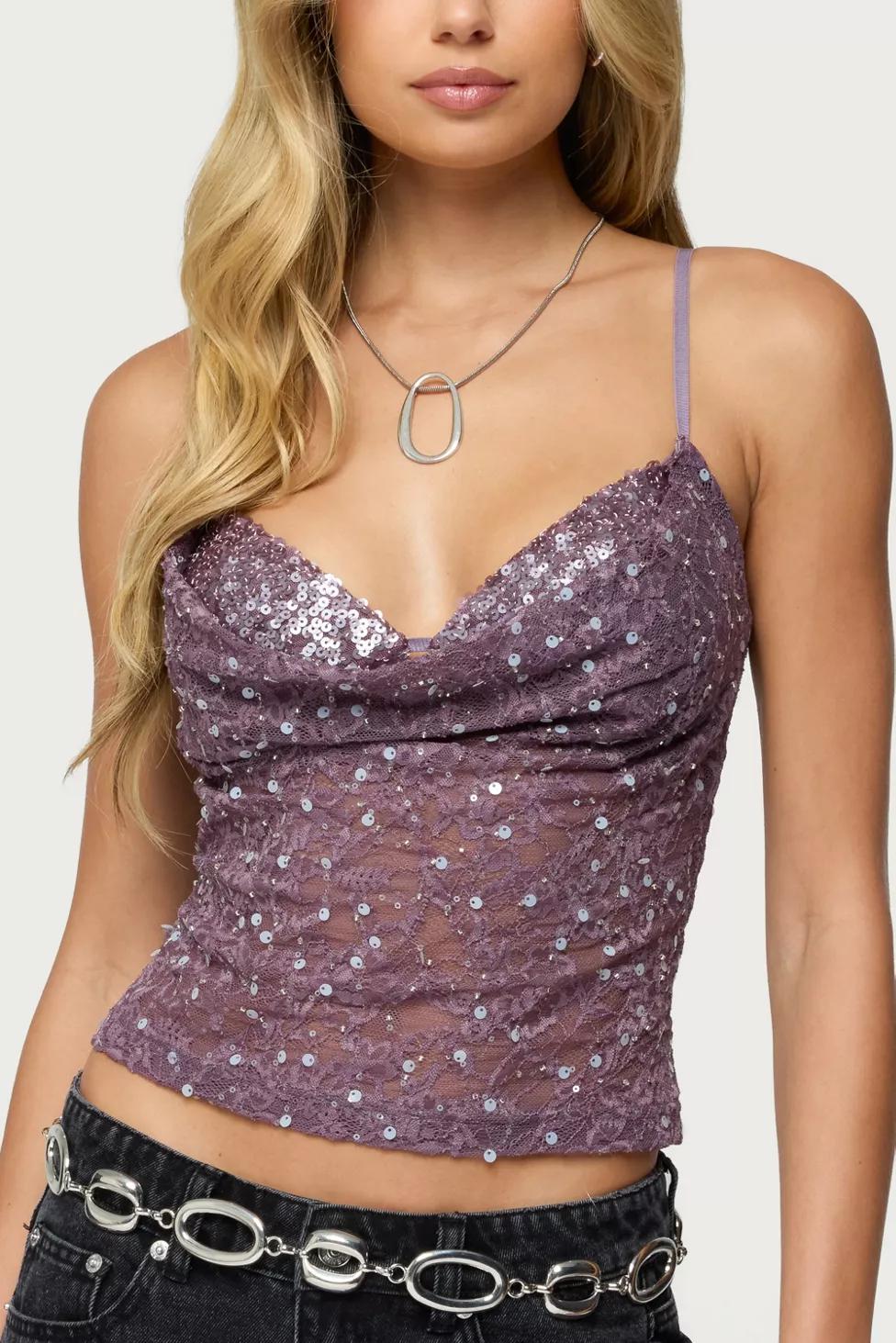 Edikted Sequin Layered Bra Cowl Neck Top by EDIKTED