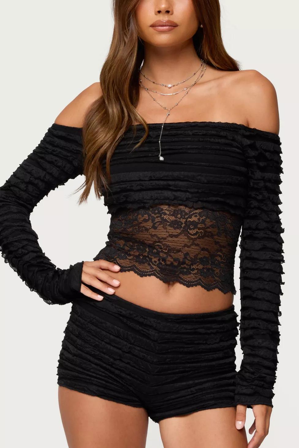 Edikted Tauri Lacey Ruffled Off Shoulder Top by EDIKTED